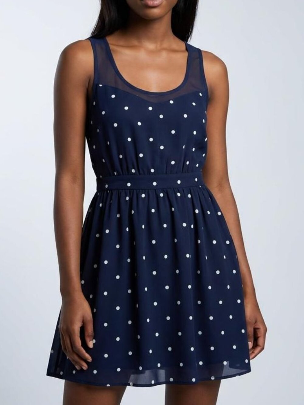 Urban Outfitters Kimchi Blue Navy Blue Polka Dot Chiffon Mesh Inset Dress Medium
